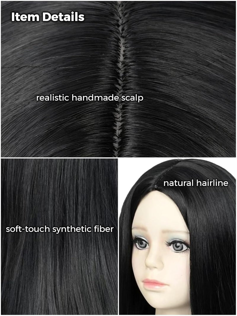 Half and Half Black Straight Middle Part Wig 23.6'' Long Black Witch Vam-pire Cosplay Wigs Gothic Mommy Costume Wigs for Halloween Party - Image 3